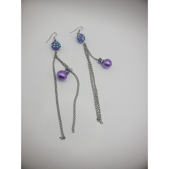 Vintage Earrings Pierced Hook Drop Dangle Beaded Purple Silver Tone Chains - Picture 10 of 10